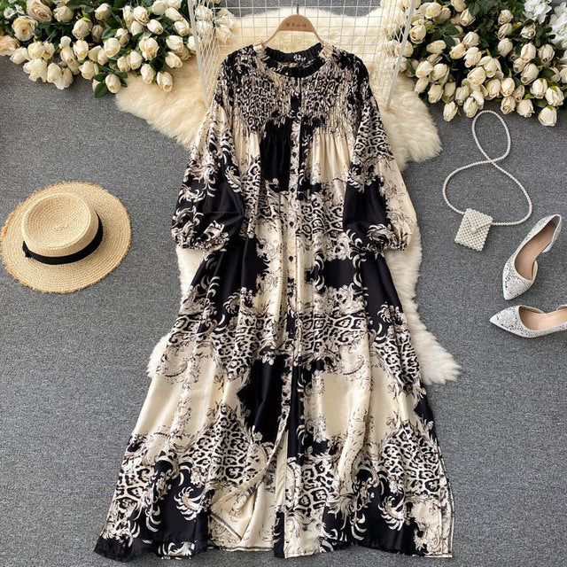 2021 New Autumn European American Vestidos Women's Round Neck Puff Sleeve Printed Holiday Midi Dress DK1334