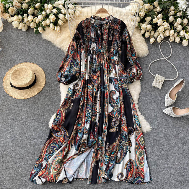 2021 New Autumn European American Vestidos Women's Round Neck Puff Sleeve Printed Holiday Midi Dress DK1334