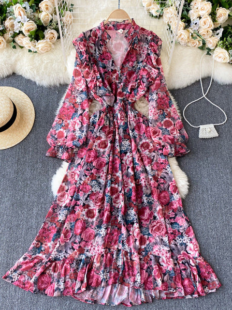 2022 New Spring summer Temperament Fashion Print Vestidos Femininity V-neck Puff Sleeve Ruffled Slim Retro Print Dress C307