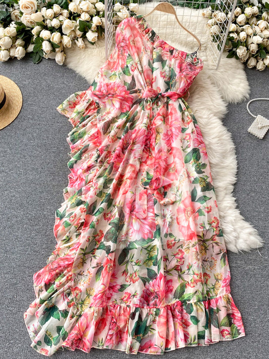 2022 Summer European American Floral Maxi Vestidos Women's Diagonal Collar One-shoulder Ruffled Temperament Dress C639