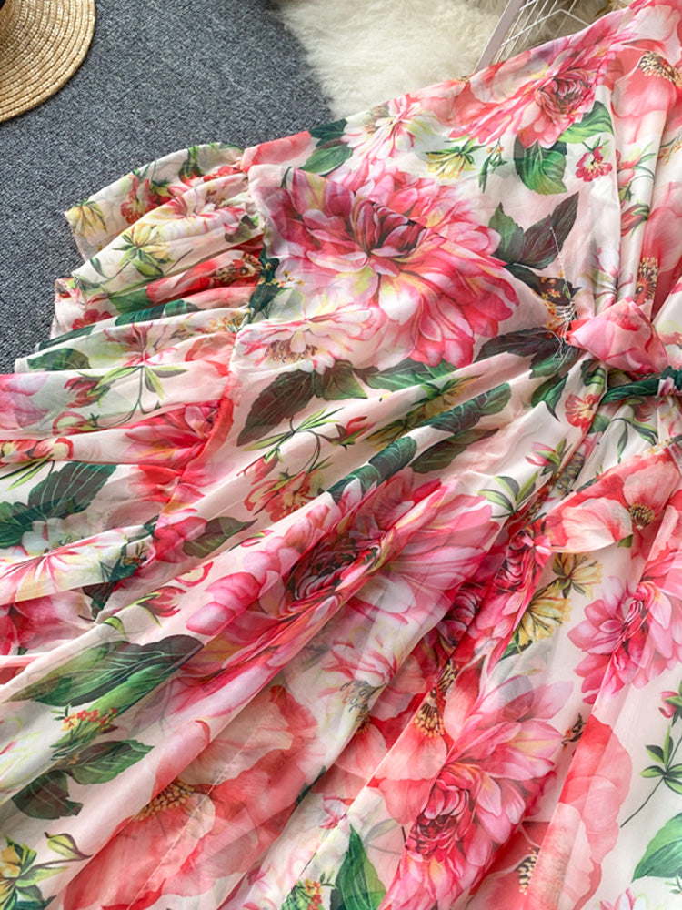 2022 Summer European American Floral Maxi Vestidos Women's Diagonal Collar One-shoulder Ruffled Temperament Dress C639