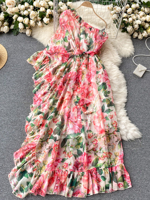 2022 Summer European American Floral Maxi Vestidos Women's Diagonal Collar One-shoulder Ruffled Temperament Dress C639