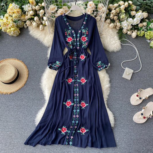 Women's Dress Travel Photography Holiday Long Dress 2021 New Retro Ethnic Style Embroidered V-neck Lantern Sleeve Dress Y1034