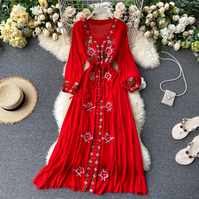 Women's Dress Travel Photography Holiday Long Dress 2021 New Retro Ethnic Style Embroidered V-neck Lantern Sleeve Dress Y1034