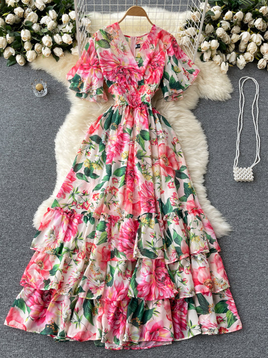 2022Summer Fashion New Elegant Temperament Vestidos Women's V-neck Flared Sleeve Chiffon Printing Holiday Midi Dress GL316