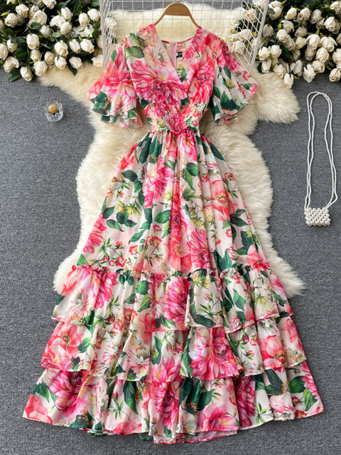 2022Summer Fashion New Elegant Temperament Vestidos Women's V-neck Flared Sleeve Chiffon Printing Holiday Midi Dress GL316