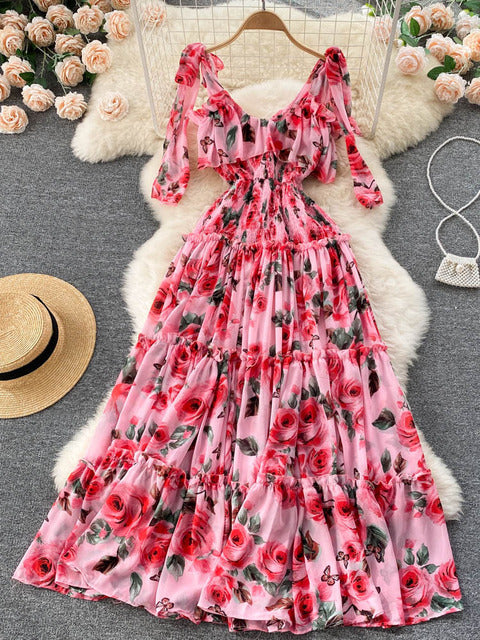 2022 Beach Dresses Women Show Thin Seaside Holiday Maxi Pleated Long Super Fairy Chiffon Print Vestidos D968