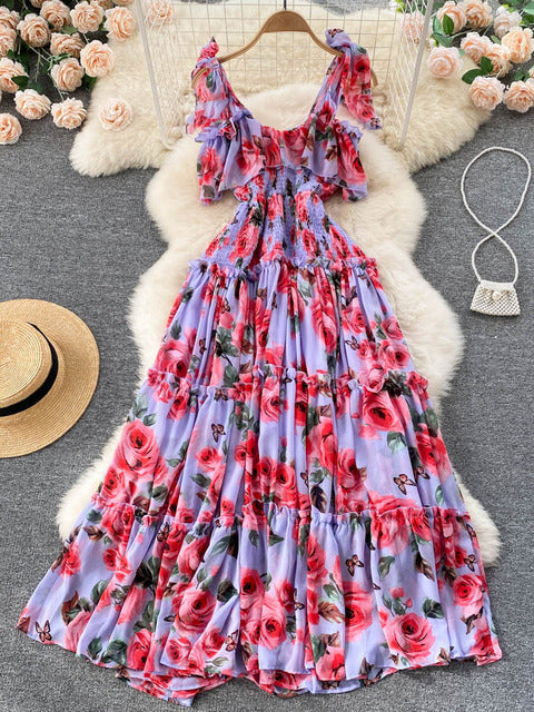 2022 Beach Dresses Women Show Thin Seaside Holiday Maxi Pleated Long Super Fairy Chiffon Print Vestidos D968