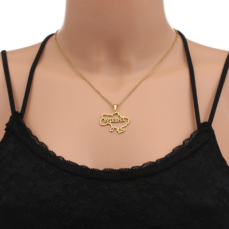 Fashion Outline Ukraine Map Pendant Necklace for Women Girls Stainless Steel Heart Flag Ukrainian Party Jewelry Gifts Dropship
