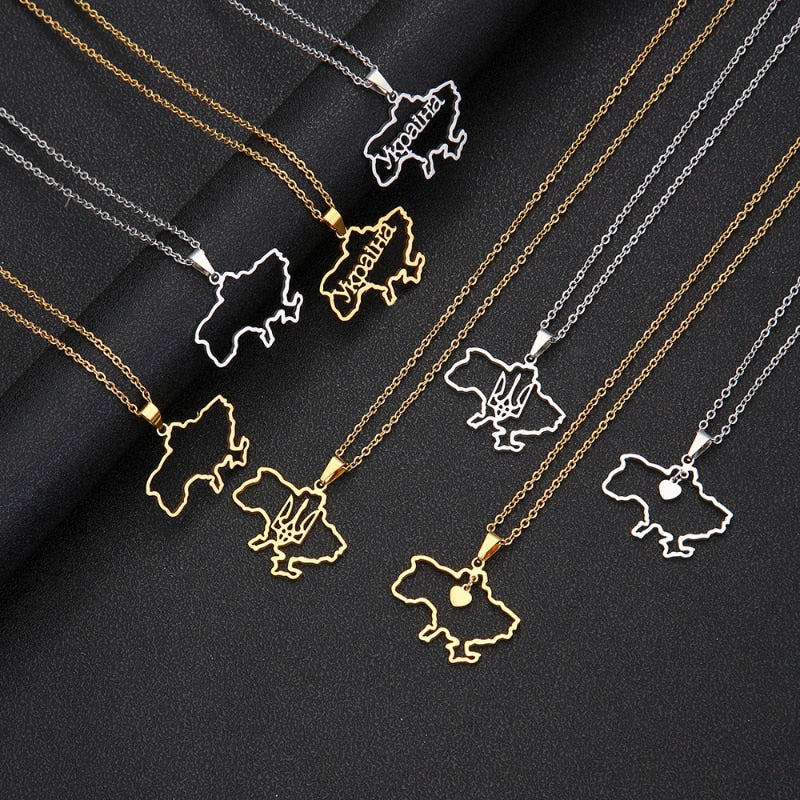 Fashion Outline Ukraine Map Pendant Necklace for Women Girls Stainless Steel Heart Flag Ukrainian Party Jewelry Gifts Dropship