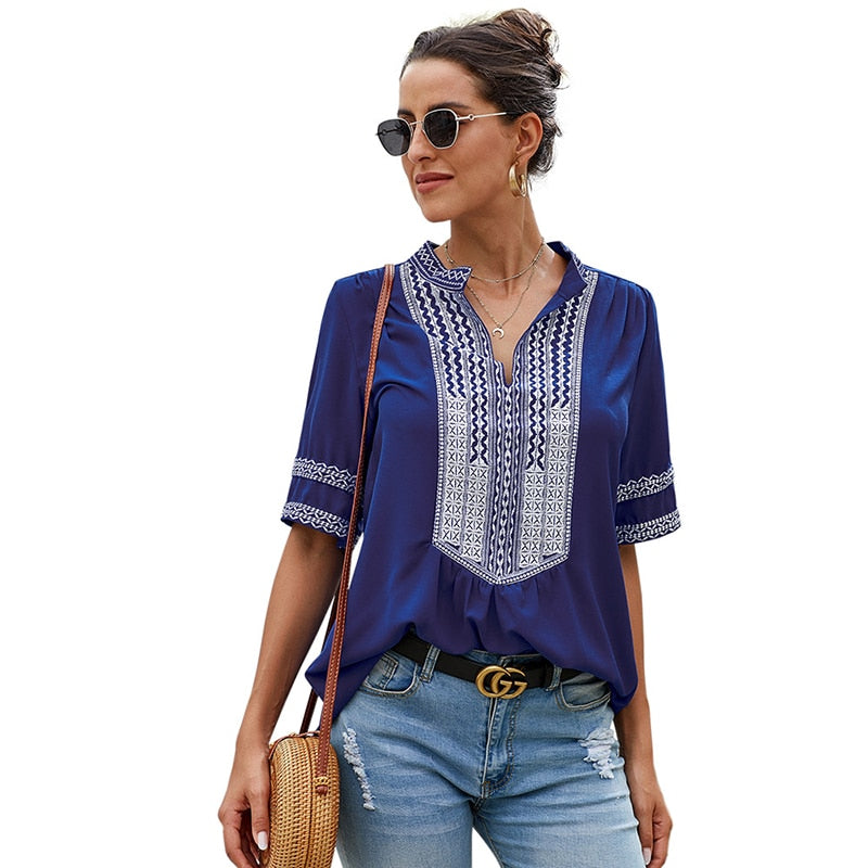 CINESSD Women V Neck Short Sleeves Blouses Blue Vintage Tops Embroidery Lacework Patchwork Black Casual Pullover Summer Blouse