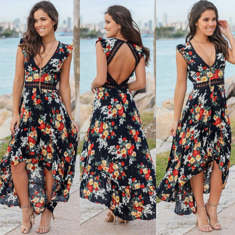 Summer Women Fashion Casual Floral Black White Asymmetrical Dress lange Maxi Abend Cocktail Strandkleid Sommerkleid Holiday Wear