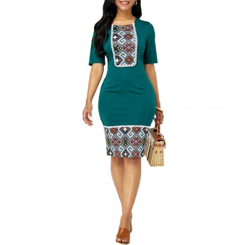 Robe femme dresses for women 2022 Vintage Short Sleeve Print Patchwork Knee-length Bodycon Dress vestidos elegantes para mujer