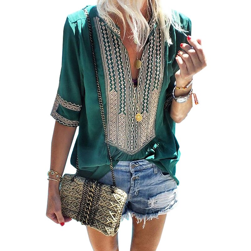 CINESSD Women V Neck Short Sleeves Blouses Blue Vintage Tops Embroidery Lacework Patchwork Black Casual Pullover Summer Blouse