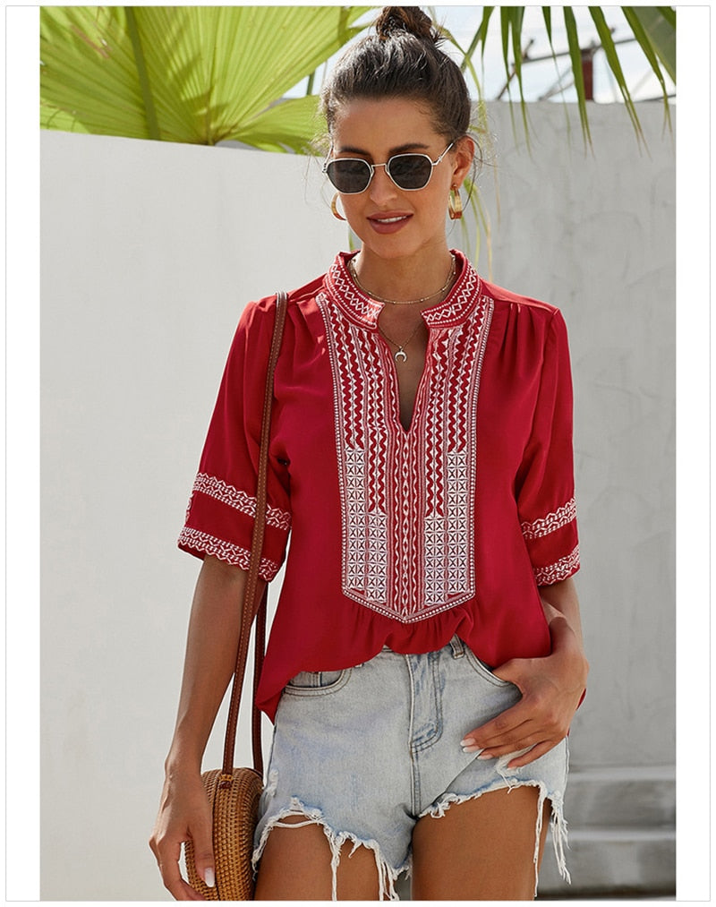 CINESSD Women V Neck Short Sleeves Blouses Blue Vintage Tops Embroidery Lacework Patchwork Black Casual Pullover Summer Blouse