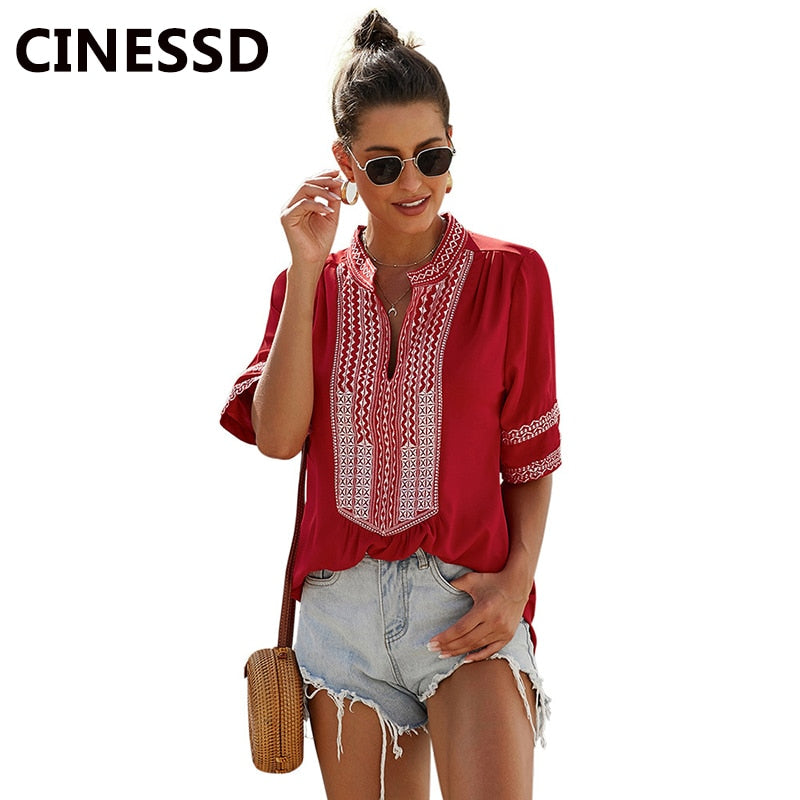 CINESSD Women V Neck Short Sleeves Blouses Blue Vintage Tops Embroidery Lacework Patchwork Black Casual Pullover Summer Blouse