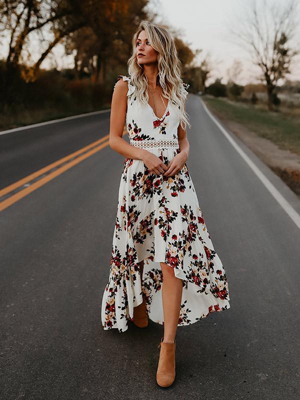 Summer Women Fashion Casual Floral Black White Asymmetrical Dress lange Maxi Abend Cocktail Strandkleid Sommerkleid Holiday Wear