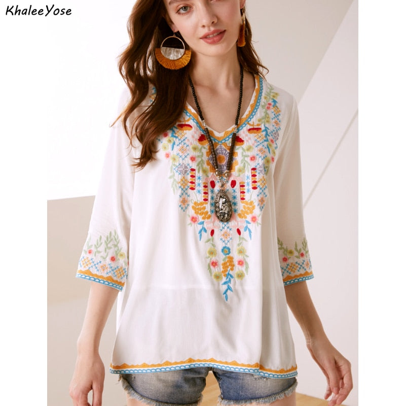 Women Boho Embroidery Shirt Ethnic Retro Hippie Tops Cotton O-Neck Pullover  Purple at  Women's Clothing store