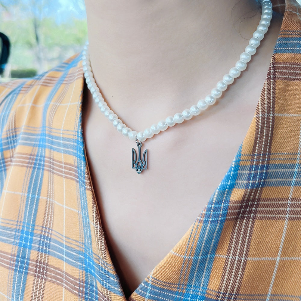 Imitation freshwater pearl Ukraine national emblem Necklace titanium steel badge pattern pendant neck band jewelry  for women