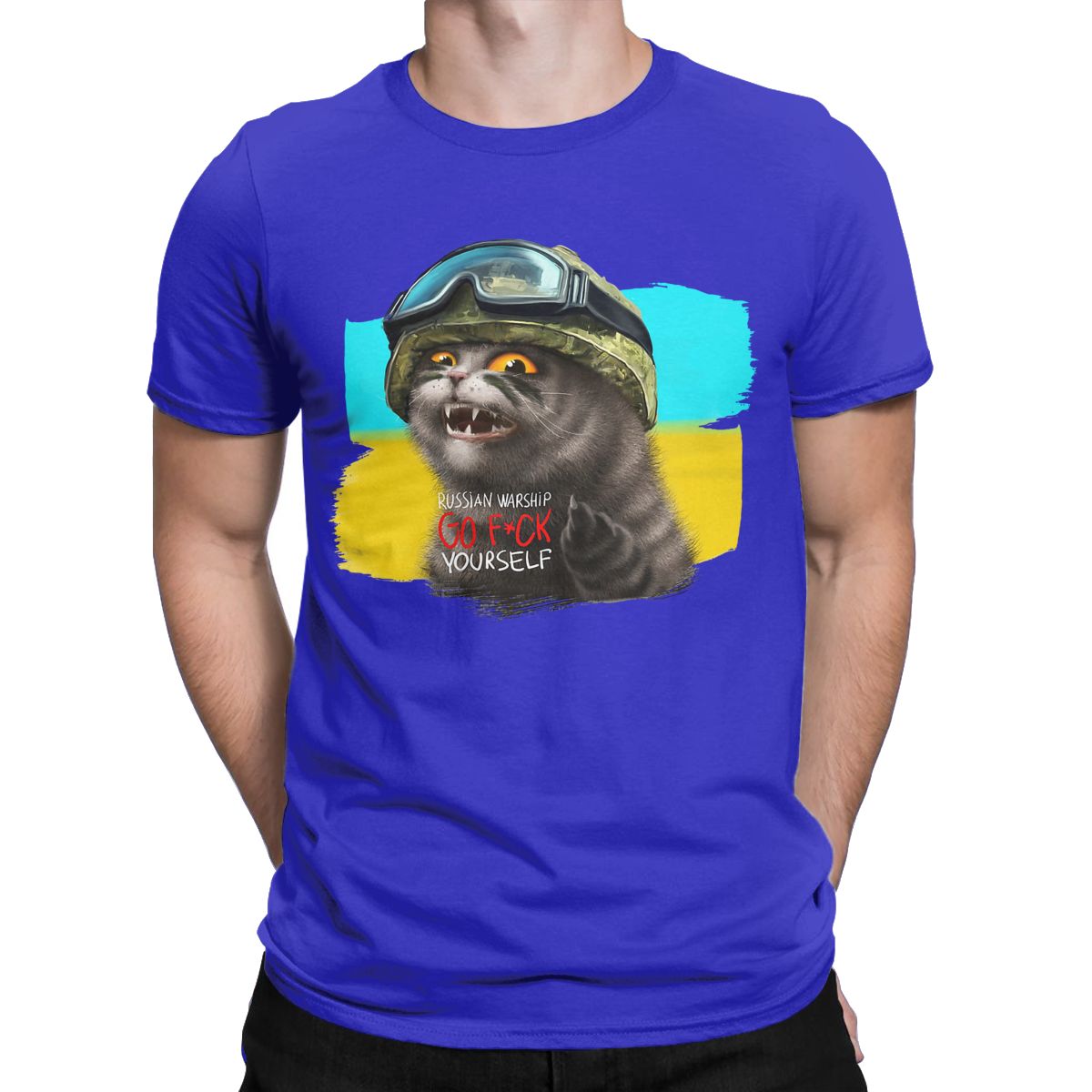 Ukrainian Cat Warrior With Mid-dle Finger Ukraine Crew Neck Pure Cotton T Shirt for men Short Sleeve Tees Printed Clothes