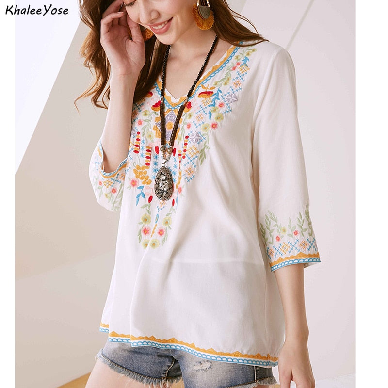 KHALEE YOSE Floral Embroidery Blouses Shirt Navy Cotton Summer Chic Na –  Ukrainianshop