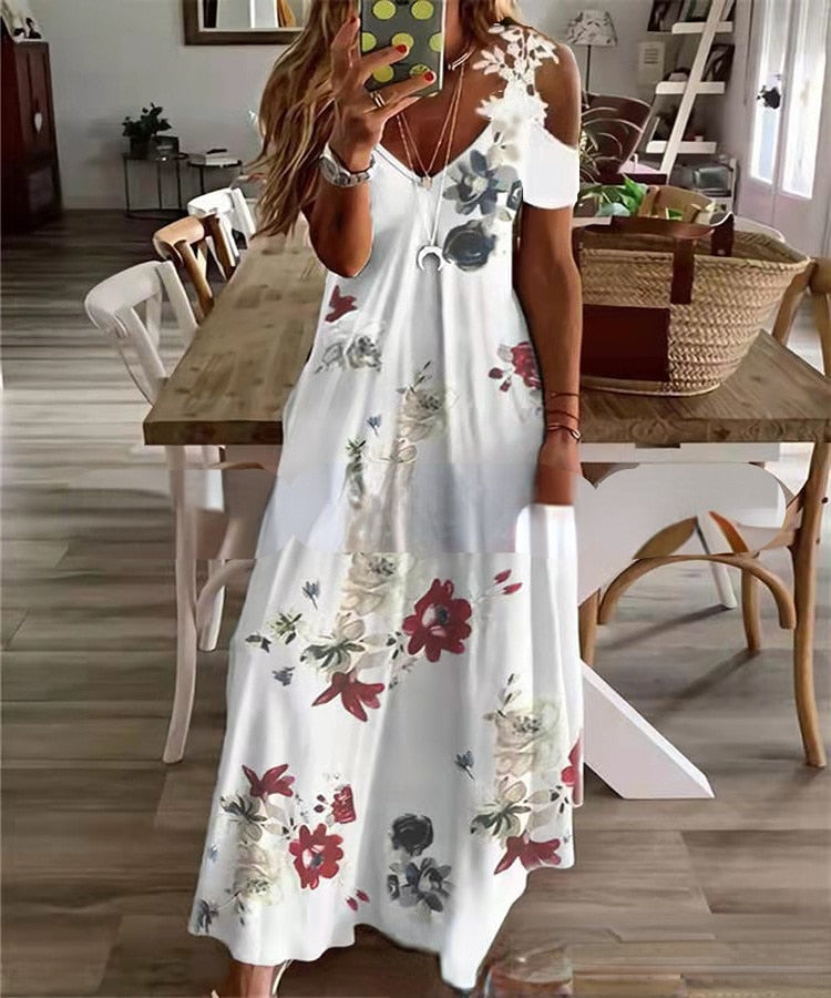 Summer Off Shoulder Long Dresses Women Sexy Hollow Out Floral V-Neck Bohemian Maxi Dress Casual Beach Dress Party Robe Vestidos