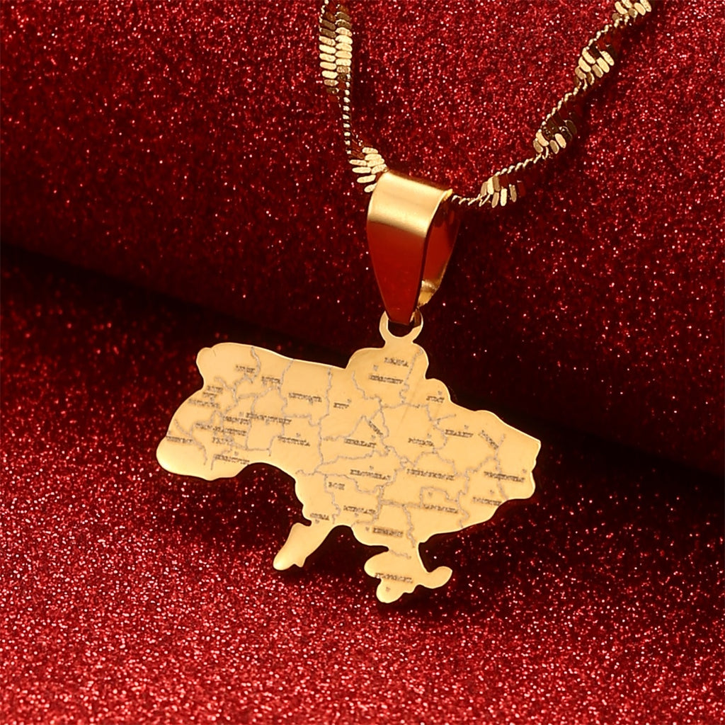 Stainless Steel Outline Ukraine Map Pendant Necklace Heart Flag Ukrainian Jewelry