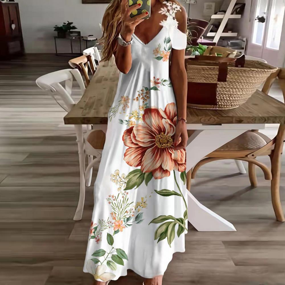 Summer Off Shoulder Long Dresses Women Sexy Hollow Out Floral V-Neck Bohemian Maxi Dress Casual Beach Dress Party Robe Vestidos