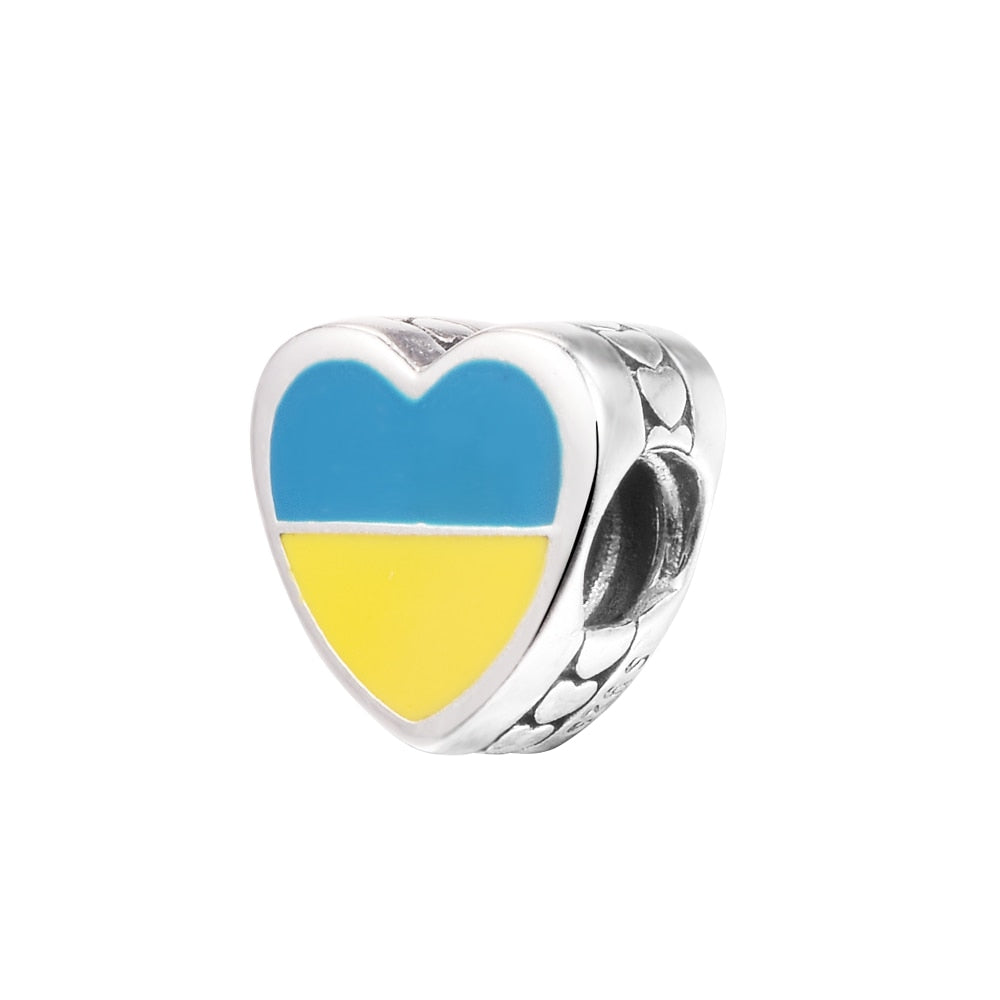 Fits Pandora Bracelet Femme 925 Sterling Silver Heart Ukraine Flag Charm DIY Making Jewelry Beads for Women Free Shipping