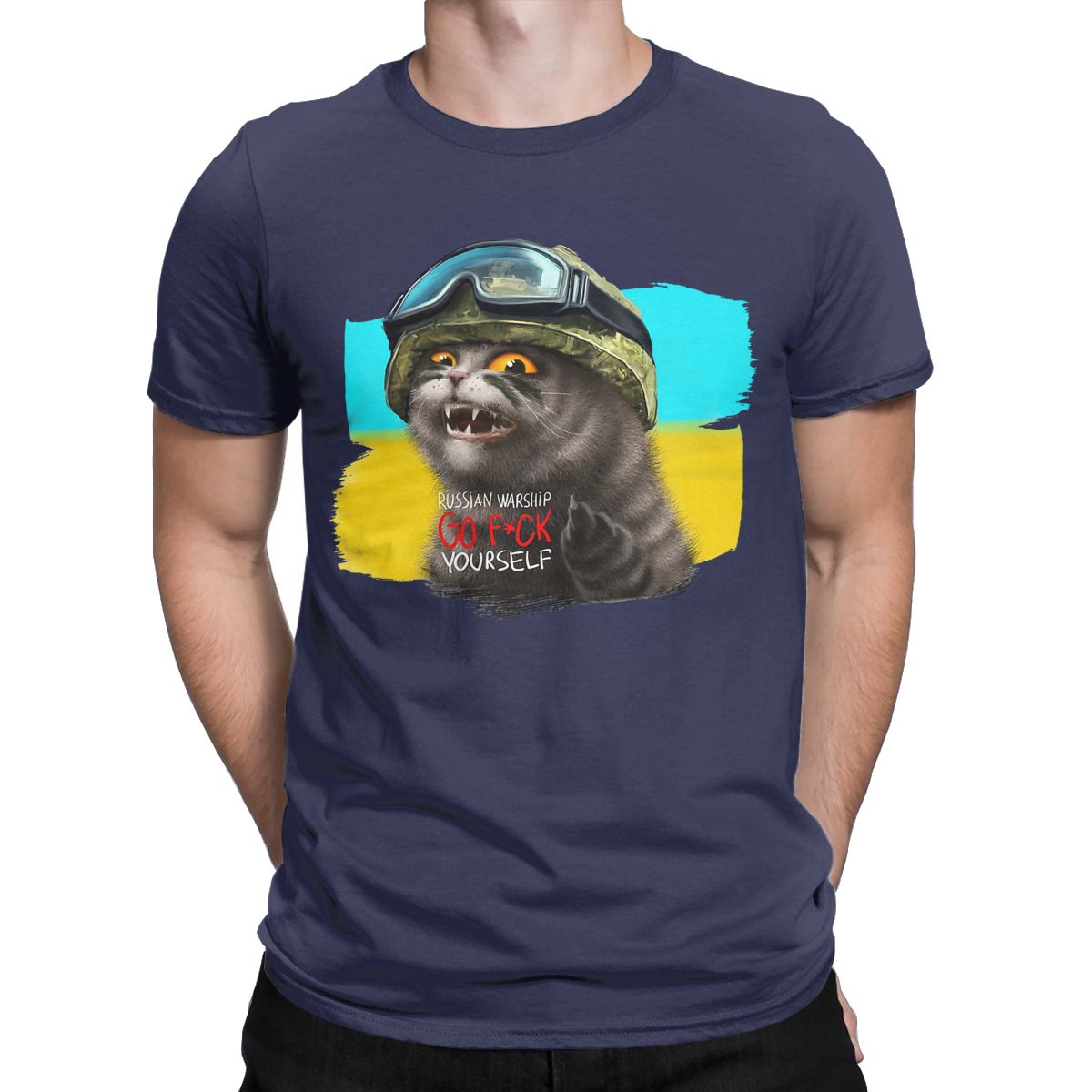 Ukrainian Cat Warrior With Mid-dle Finger Ukraine Crew Neck Pure Cotton T Shirt for men Short Sleeve Tees Printed Clothes