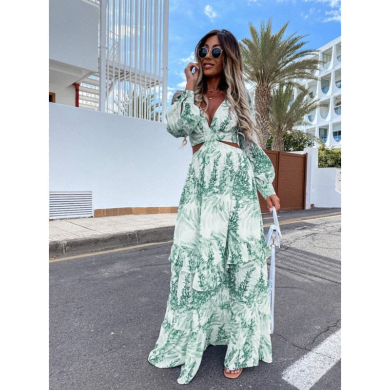 Women Tunic Beach Cover Up 2022 Summer Sexy V-Neck Backless Hollow Out Lantern Sleeve Maxi Dress Female Club Party Long Dresses