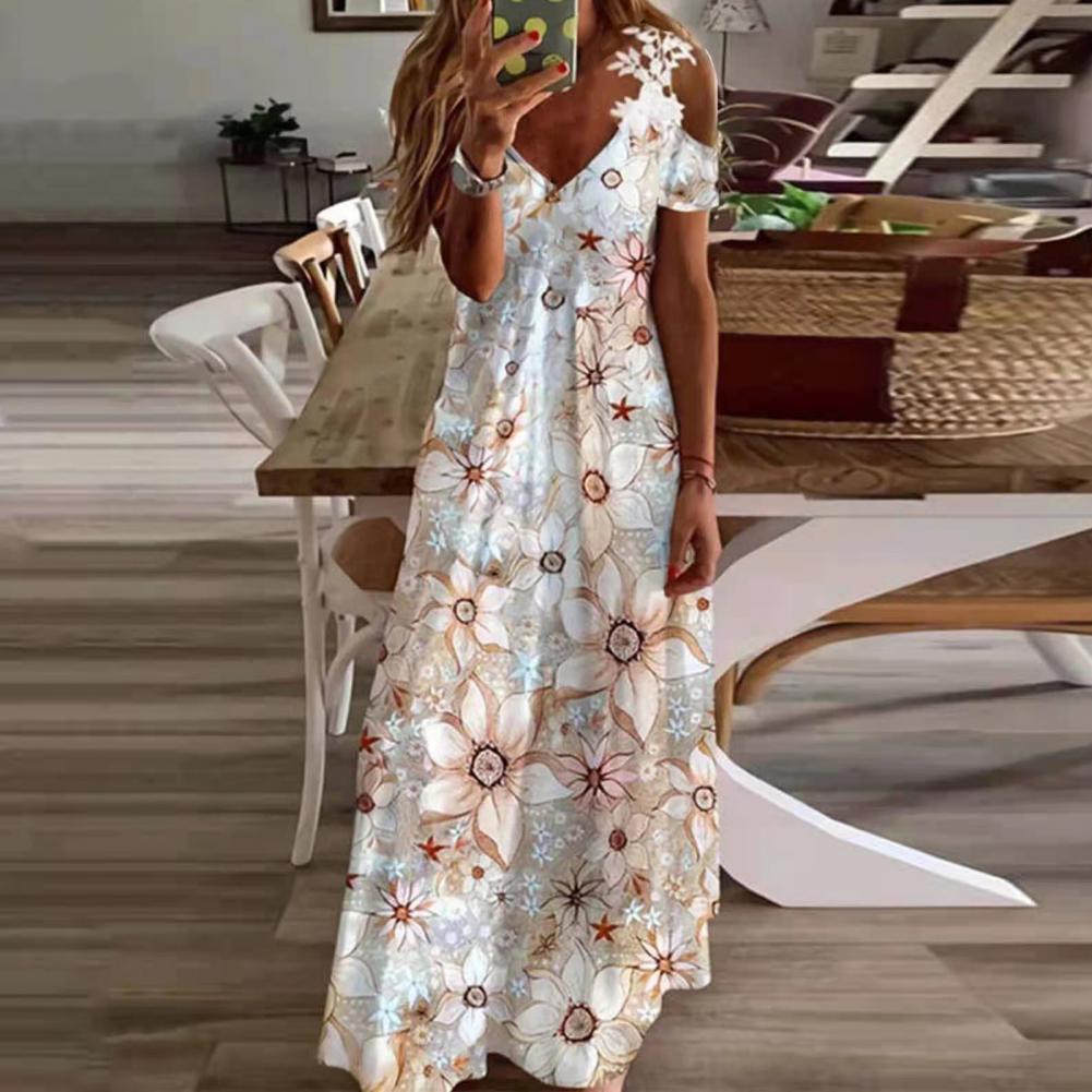 Summer Off Shoulder Long Dresses Women Sexy Hollow Out Floral V-Neck Bohemian Maxi Dress Casual Beach Dress Party Robe Vestidos