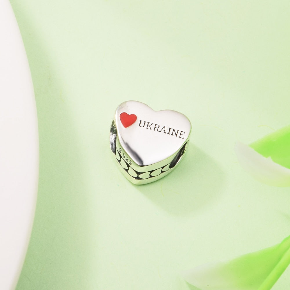 Fits Pandora Bracelet Femme 925 Sterling Silver Heart Ukraine Flag Charm DIY Making Jewelry Beads for Women Free Shipping