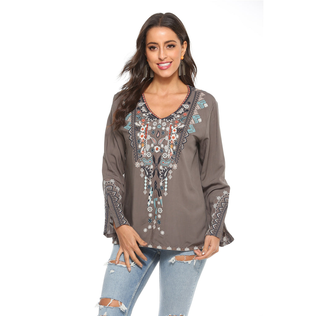 KHALEE YOSE Vintage Boho Embroidery Blouses Shirt Spring Autumn Women Mexican Shirt Long Flare Sleeve 23xl Ethnic Shirt Tops
