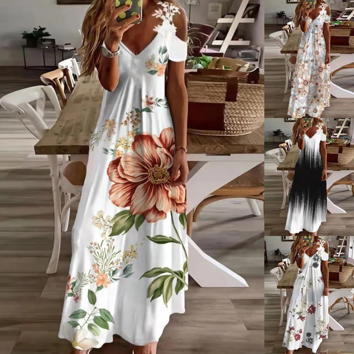 Summer Off Shoulder Long Dresses Women Sexy Hollow Out Floral V-Neck Bohemian Maxi Dress Casual Beach Dress Party Robe Vestidos