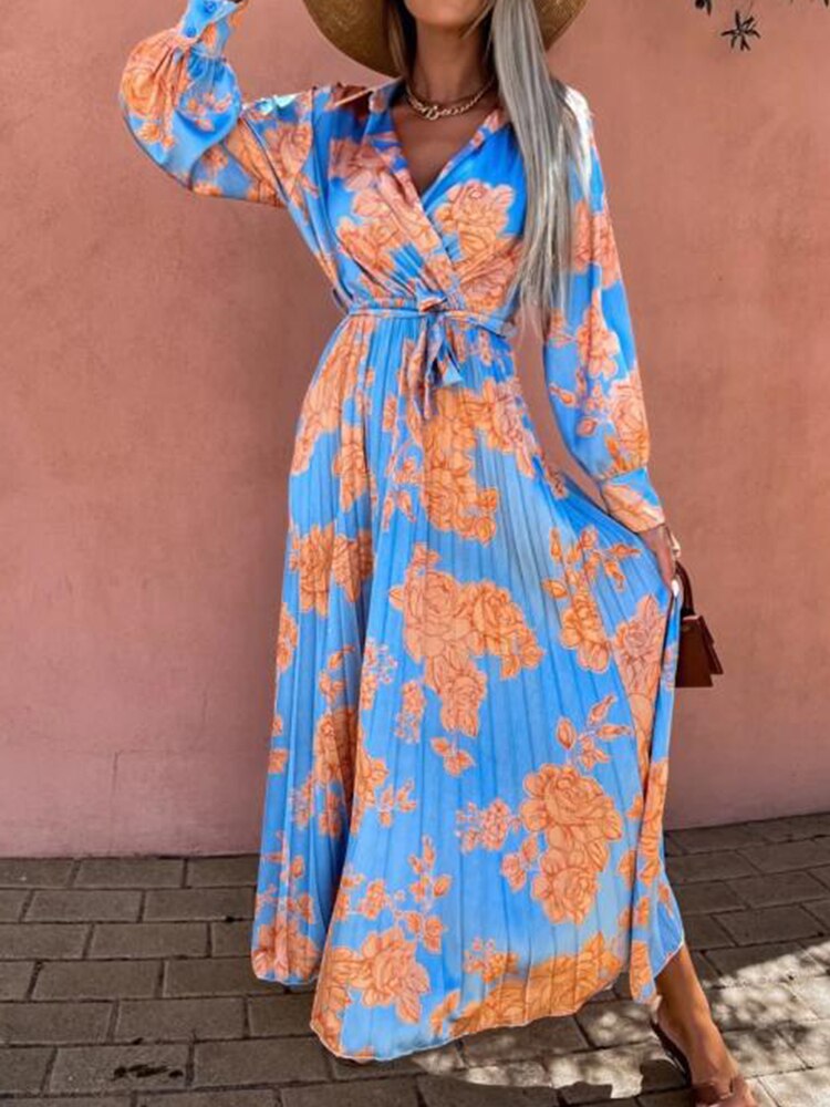 Office Sexy V Neck Split Shirt Party Dress 2022 Spring Elegant Printed Long Sleeve Vintage Dress Casual Long Sleeved Maxi Dress