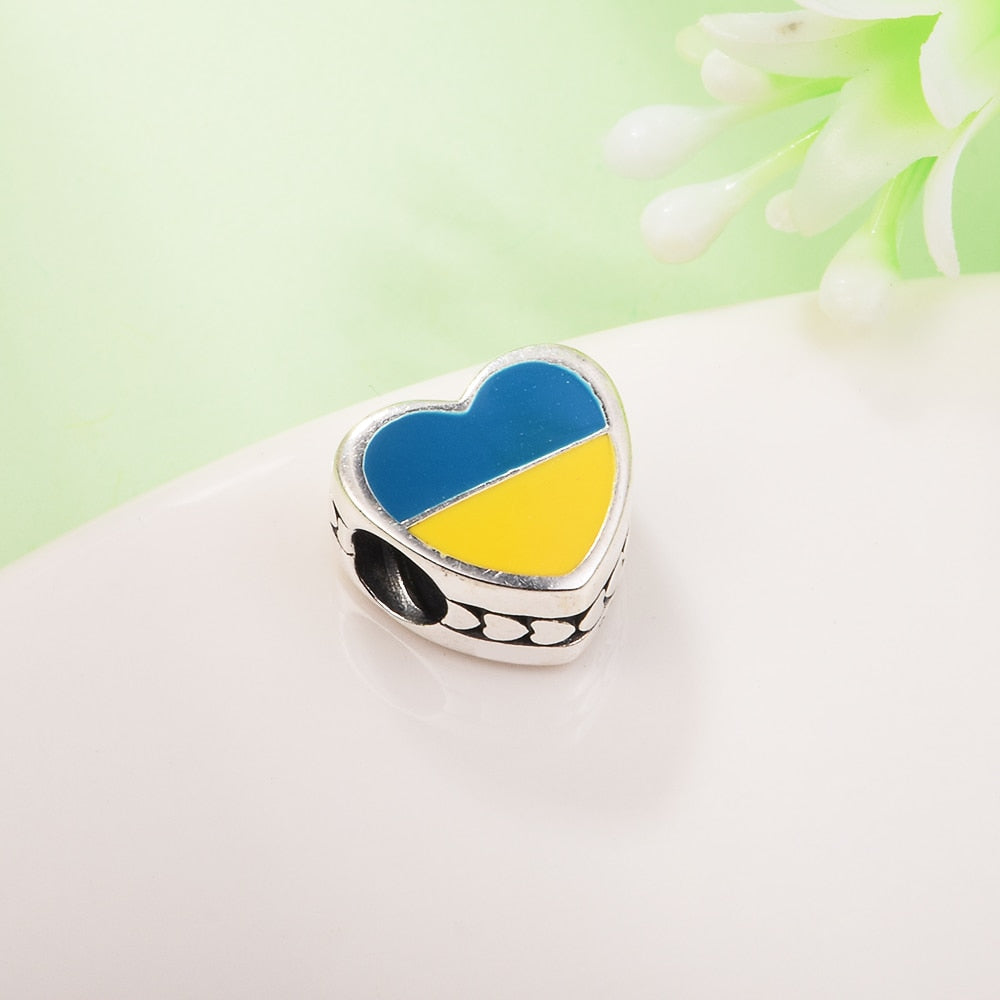 Fits Pandora Bracelet Femme 925 Sterling Silver Heart Ukraine Flag Charm DIY Making Jewelry Beads for Women Free Shipping