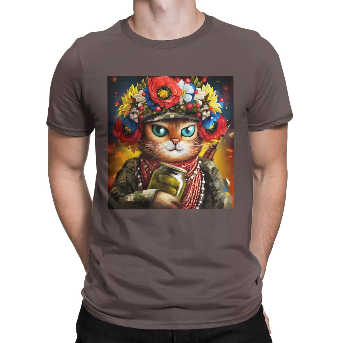 Ukrainian Cat Soldier In A Wreath Of Flowers t shirt for men Ukraine Vintage Short Sleeve Round Neck 100% Cotton Graphic Tops