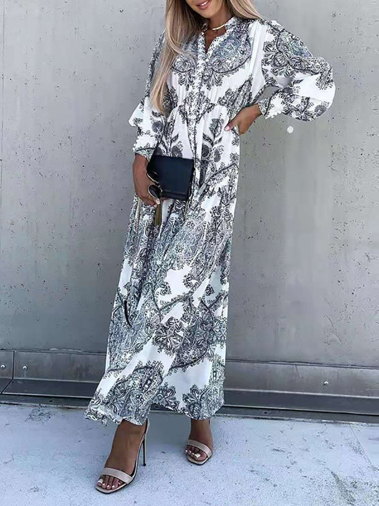 Office Sexy V Neck Split Shirt Party Dress 2022 Spring Elegant Printed Long Sleeve Vintage Dress Casual Long Sleeved Maxi Dress