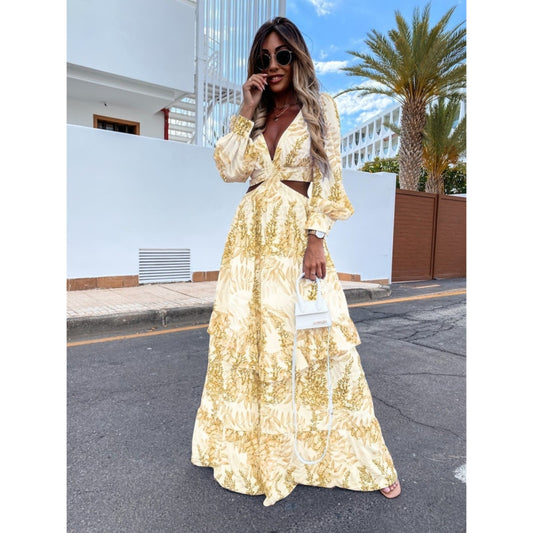 Women Tunic Beach Cover Up 2022 Summer Sexy V-Neck Backless Hollow Out Lantern Sleeve Maxi Dress Female Club Party Long Dresses