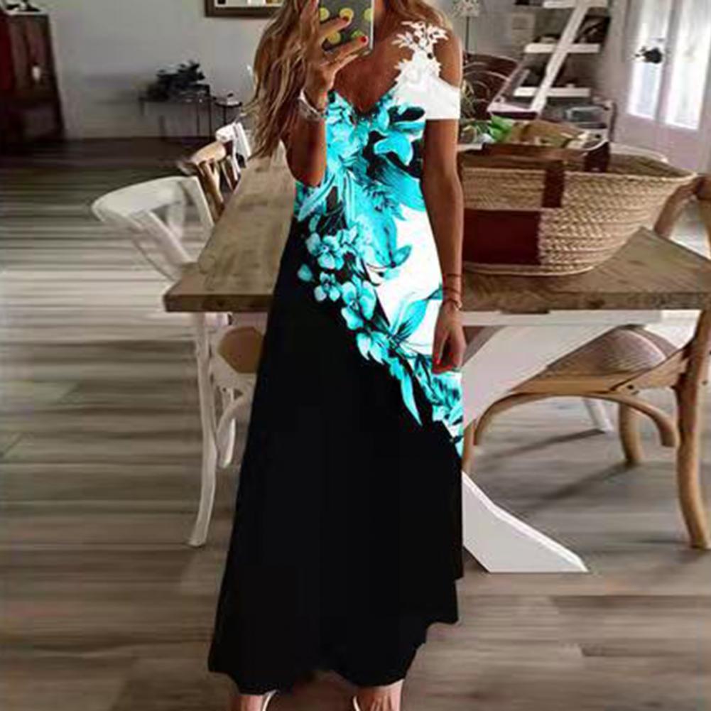 Summer Off Shoulder Long Dresses Women Sexy Hollow Out Floral V-Neck Bohemian Maxi Dress Casual Beach Dress Party Robe Vestidos