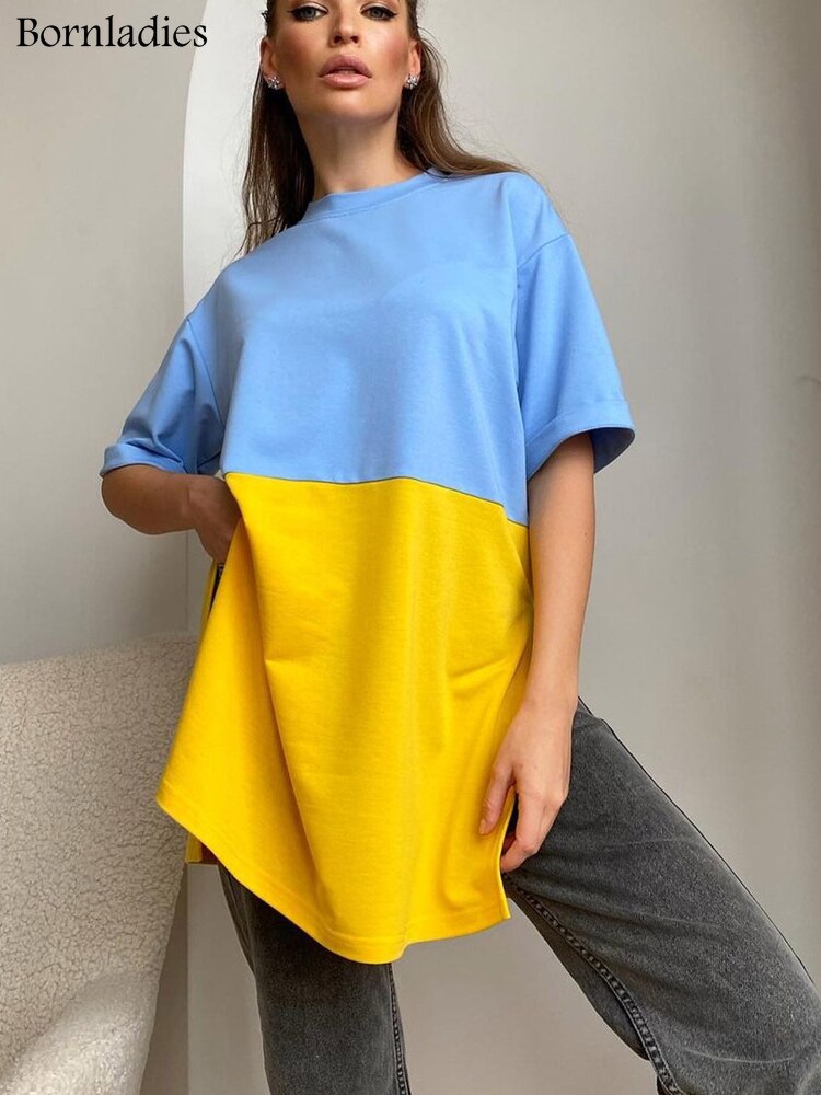 Bornladies Casual Patchwork Tee Summer Stretchy O-neck Oversized T-Shirt Slit Half Sleeve All-Match Comfort Long Women Tops