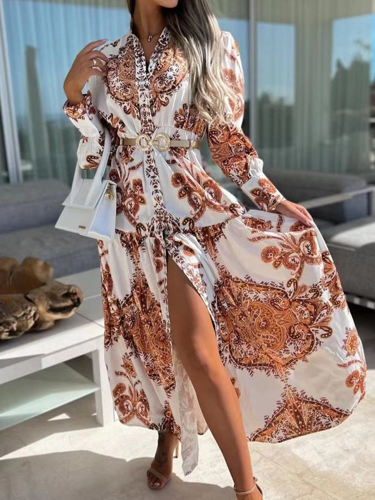 Office Sexy V Neck Split Shirt Party Dress 2022 Spring Elegant Printed Long Sleeve Vintage Dress Casual Long Sleeved Maxi Dress