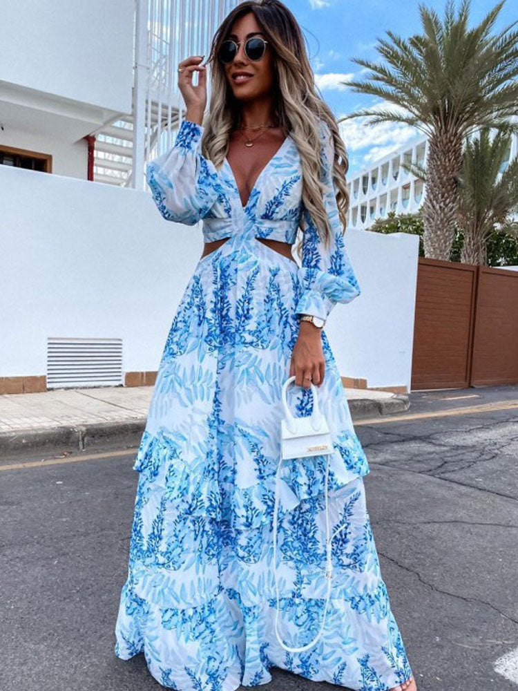 Women Tunic Beach Cover Up 2022 Summer Sexy V-Neck Backless Hollow Out Lantern Sleeve Maxi Dress Female Club Party Long Dresses