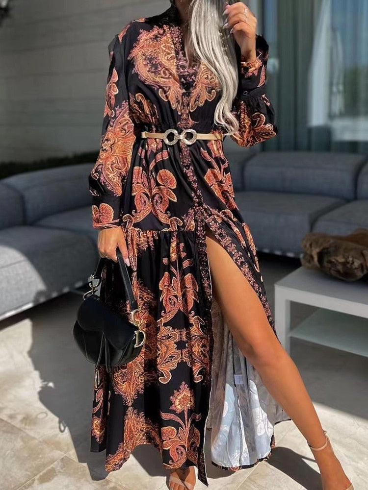 Office Sexy V Neck Split Shirt Party Dress 2022 Spring Elegant Printed Long Sleeve Vintage Dress Casual Long Sleeved Maxi Dress