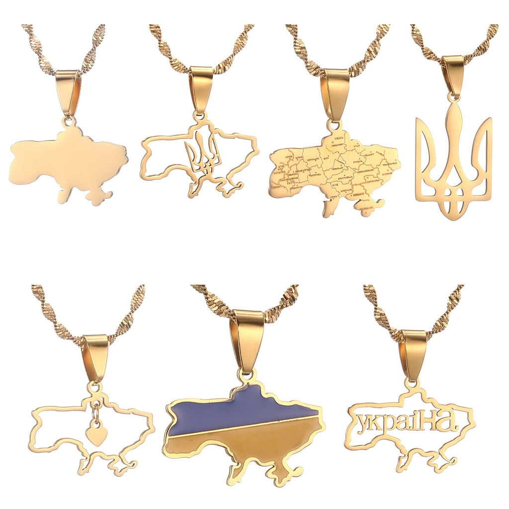 Stainless Steel Outline Ukraine Map Pendant Necklace Heart Flag Ukrainian Jewelry