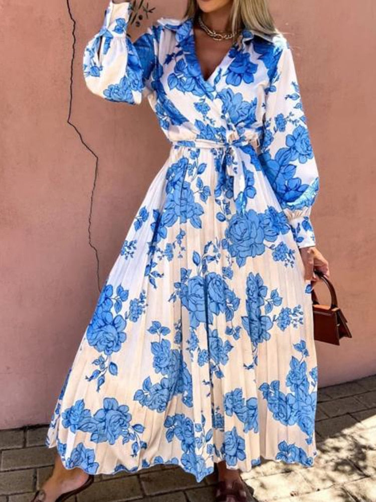 Office Sexy V Neck Split Shirt Party Dress 2022 Spring Elegant Printed Long Sleeve Vintage Dress Casual Long Sleeved Maxi Dress