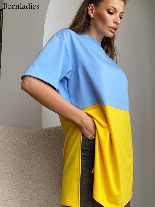 Bornladies Casual Patchwork Tee Summer Stretchy O-neck Oversized T-Shirt Slit Half Sleeve All-Match Comfort Long Women Tops