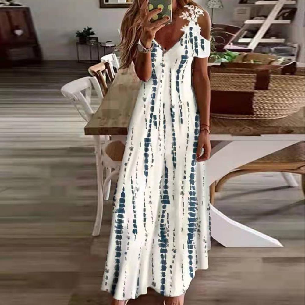 Summer Off Shoulder Long Dresses Women Sexy Hollow Out Floral V-Neck Bohemian Maxi Dress Casual Beach Dress Party Robe Vestidos