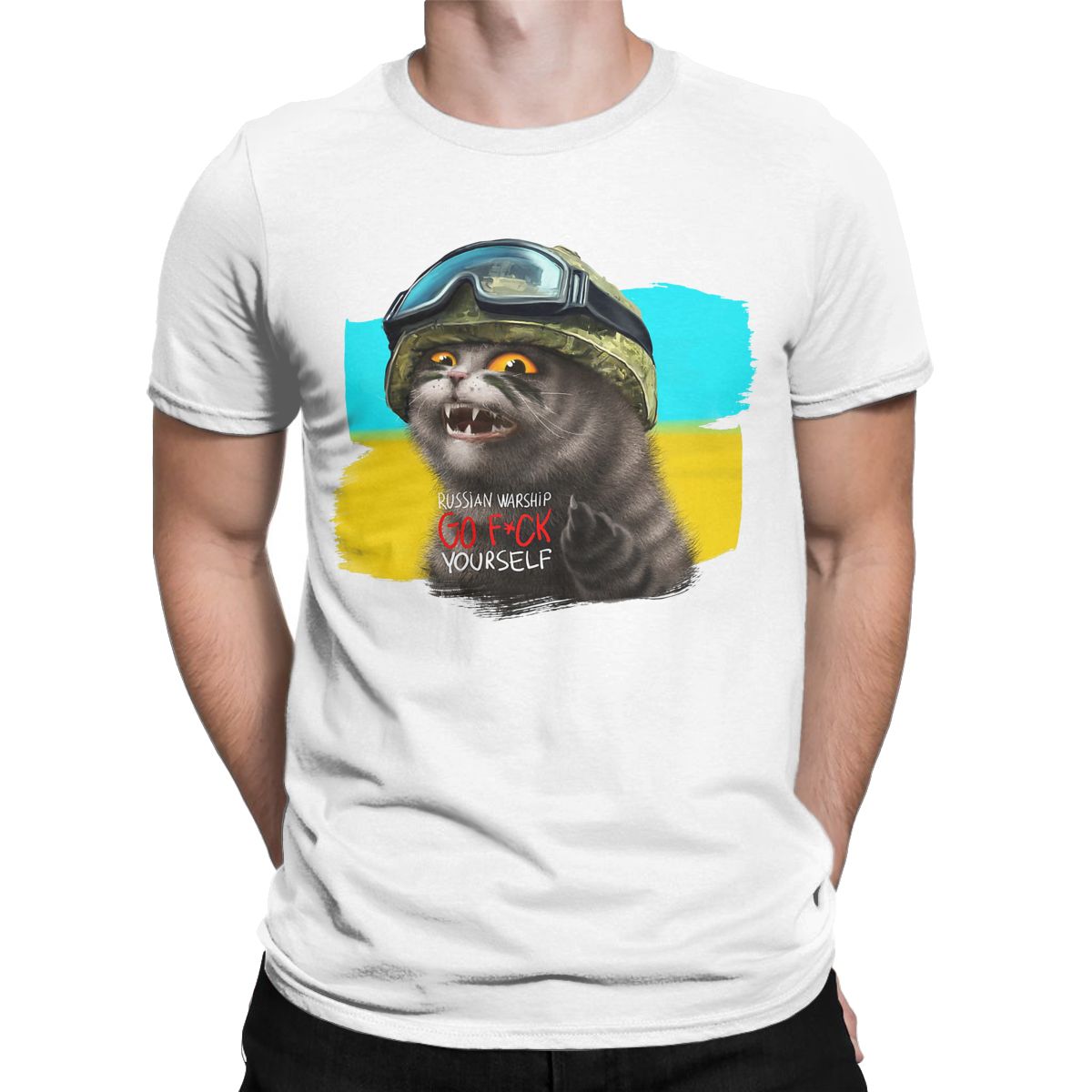 Ukrainian Cat Warrior With Mid-dle Finger Ukraine Crew Neck Pure Cotton T Shirt for men Short Sleeve Tees Printed Clothes